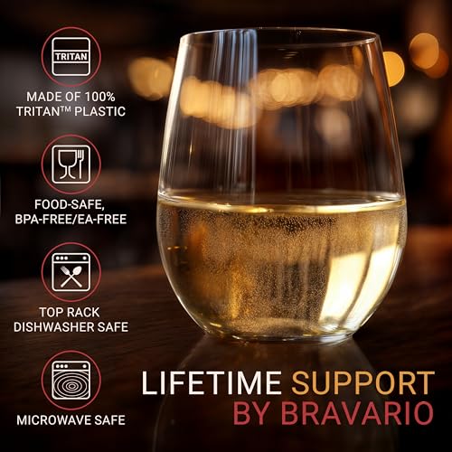 Bravario Unbreakable Stemless Plastic Wine Glasses | Reusable | Shatterproof 100% Tritan Plastic | Dishwasher-Safe | BPA-f...