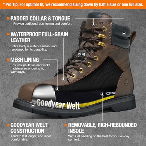 NINGO Steel Toe Work Boots for Men, Waterproof Comfortable Leather Industrial & Construction Boots, Oil & Slip Resistance ...