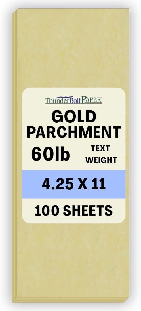 100 Gold Parchment 60# Text (=24# Bond) Paper Sheets - 4.25 X 11 Inches Half Letter Size Cut Long - Pound is Not Card Weight - Vintage Colored Old Parchment Semblance