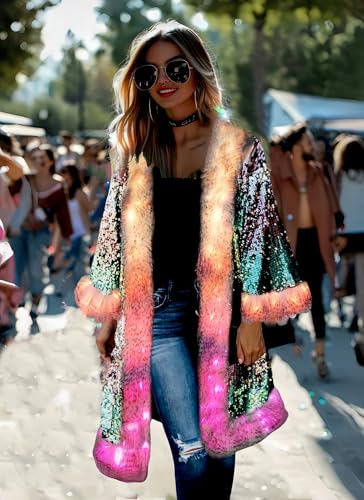 LED Light up Sequin Coat for Women Flash Sparkly Jacket Rave Costume Music Festival Outfits Parties Halloween Holiday