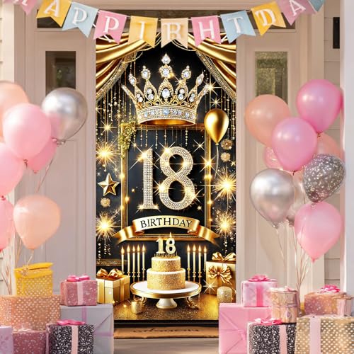 HOMETITUTE 18th Birthday Door Cover 71x35 Inch Royal Gold Birthday Banner for Party Decorations Crown Cake Gift Backdrop S...