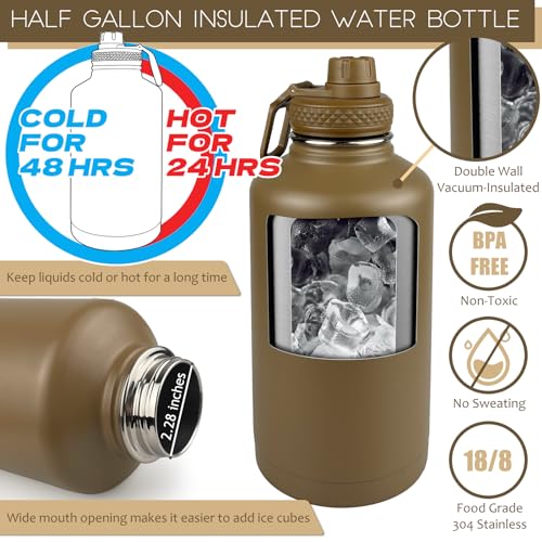 DEFUNX Half Gallon Water Bottle with Sleeve - 64 Oz Insulated Water Jug with Handle - Green Stainless Steel Sports Water B...