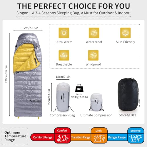 Naturehike Ultralight Down Sleeping Bag, 650FP Backpacking Sleeping Bag for Adults, 42℉ Waterproof Sleeping Bags for Campi...