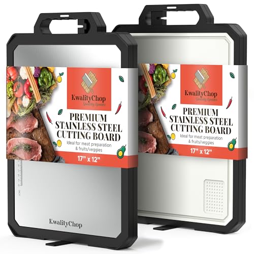Double-sided Stainless steel cutting board with knife sharpener & stand -17x12" Stainless steel cutting boards for kitchen...
