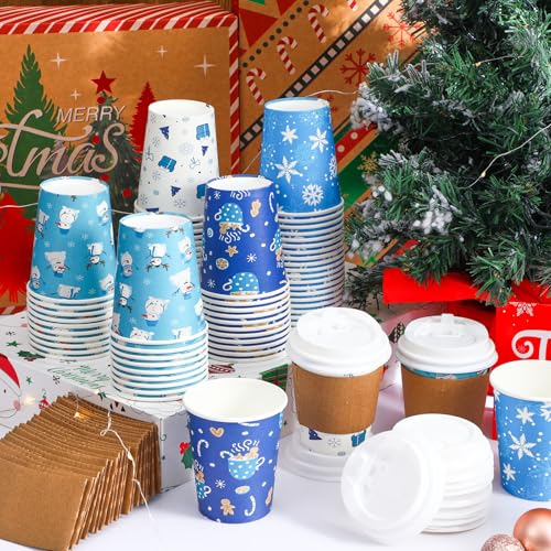 Cunhill 100 Sets 9oz Christmas Disposable Coffee Cups with Lids & Sleeves, Bulk Paper Christmas Coffee Cups for Hot Chocol...