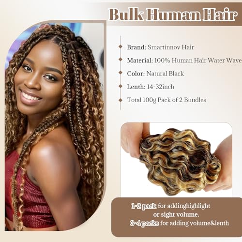 32 Inch Human Braiding Hair Water Wave for Braiding Wet and Wavy Micro Braiding Human Hair Ombre Honey Blonde 4/27 No Weft Human Braiding Hair Extensions for Box Boho Braids 100G With 2Bundles