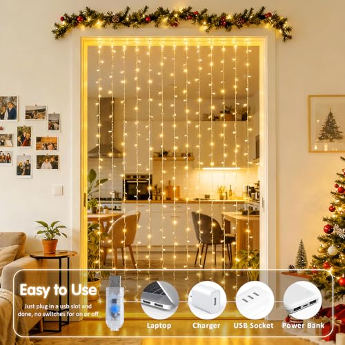 JMEXSUSS 200 LED Christmas Curtain Lights for Bedroom, Warm White Hanging Curtain String Lights Indoor, USB Plug in Christ...