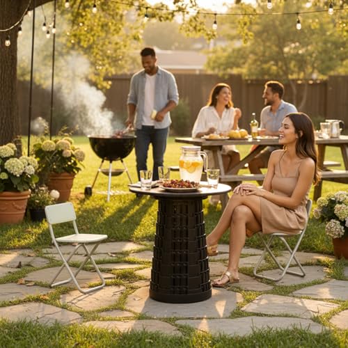 graxie Upgraded Collapsible Stool with Table Top, Portable Telescopic Seat, Folding Stool for Camping Gardening Fishing Hi...