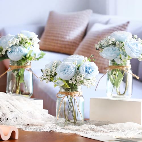 Zeyune 12 Sets Mason Jar Centerpiece Table Decorations, Artificial Peony Baby's Breath Flower Bouquets, Faux Flowers with ...