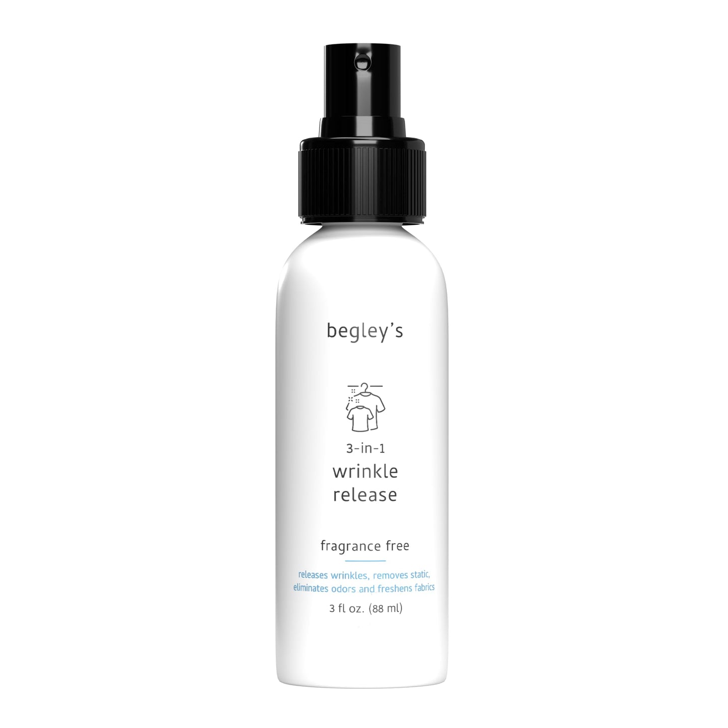 Begley's 3-in-1 Wrinkle Remover, Quick Fix Wrinkle Release, Static Cling Remover, Odor Eliminator and Fabric Refresher Spray - USDA Certified Biobased - Fragrance-Free, 3 oz Travel Size