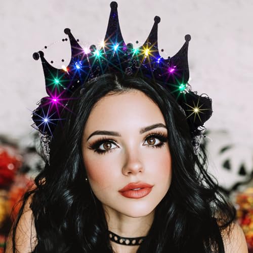 Aceorna Light Up Flower Headband Led Black Crown Hairbands Lace Beads Headpiece Glitter Costume Hair Accessories for Women