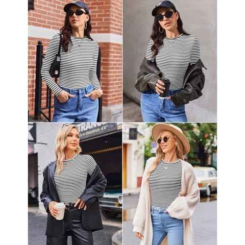 Ekouaer Women's Long Sleeve Shirts 3 Packs Crew Neck Stretchy Fitted Tops Ribbed Base Layer Soft Thermal Undershirts Tee