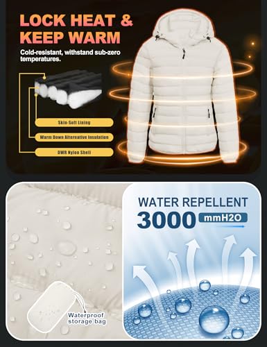 Women's Lightweight Packable Puffer Jacket Quilted Insulated Warm Winter Coat Full-Zip Hooded Outerwear for Hiking Travel
