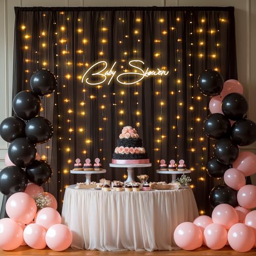 10x10ft Black Tulle Backdrop Curtains with Lights String for Parties,Wrinkle Free Sheer Curtain with Lights Wedding Photo ...
