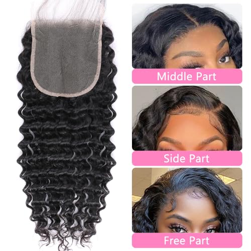 5x5 HD Lace Closure Deep Wave Ultra-thin Transparent HD Lace Closure 12A Brazilian Virgin Human Hair Closure Free Part Pre Plucked with Baby Hair Natural Black 22 Inch