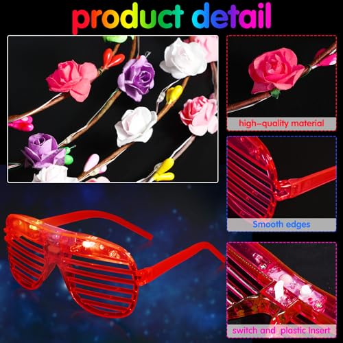 Honoson 48 Pack Glow in The Dark Party Supplies LED Glasses Light up Glasses LED Flower Crown Headband Multicolor Flower W...