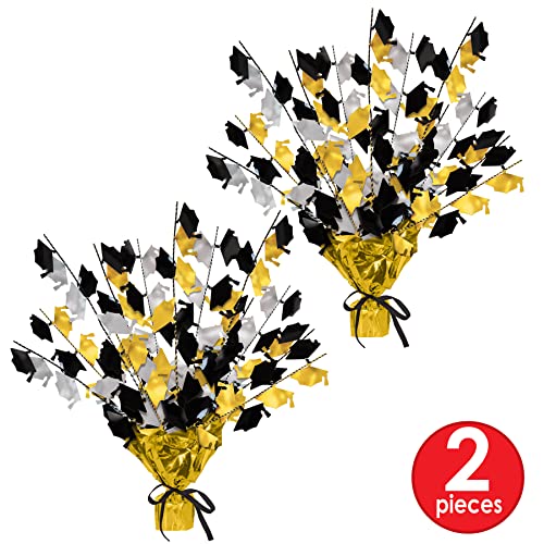 Beistle 2-Pack Metallic Gleam ’N Burst Centerpiece, Black/Gold/Silver Table Decor for Graduation Party with Mini Grad Cap...