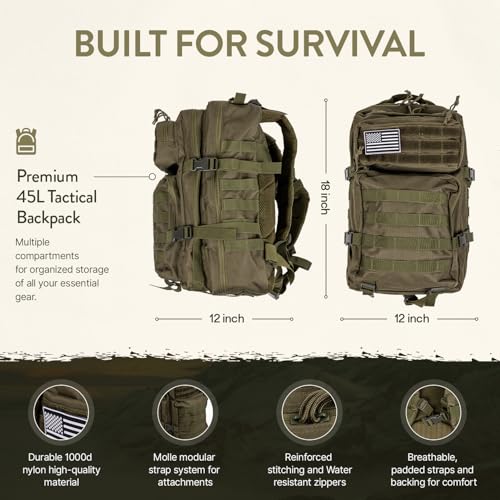 TacPreps 72-Hour Survival Kit | Emergency Bug Out Bag with First Aid, Water Filter, Food, Tools | 45L Tactical Backpack fo...