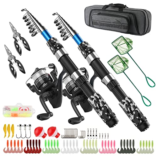 Fishing Rod Reel Combos Collapsible Fishing Rod Kit, 2PCS Telescopic Fishing Pole+2PCS Spinning Reels+Lures Hooks+Tackle B...