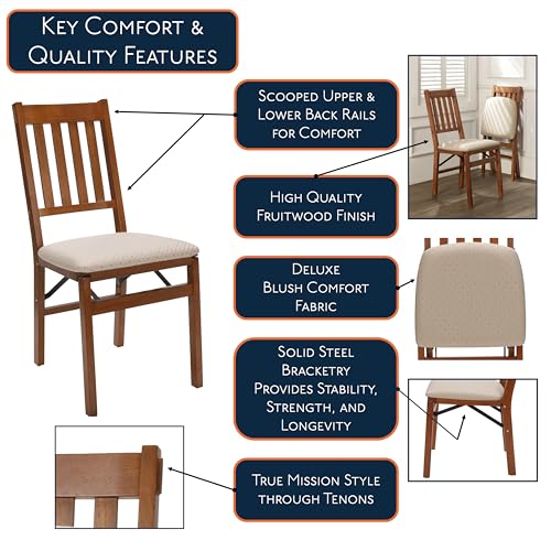 Stakmore Arts and Crafts Wooden Folding Chairs with Padded Seats, Set of 2 - No Assembly Foldable Dining Chairs, Steel Folding Mechanism, Upholstered Cushion, Space-Saving, Fruitwood Frame