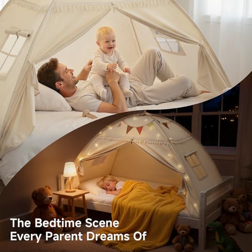 Toddler bed Tent Canopy: Lights & Flags Indoor Floor Twin Bed Kids Tent Play Tent - Twin Bed Curtains - Girls&Boys Play Ho...