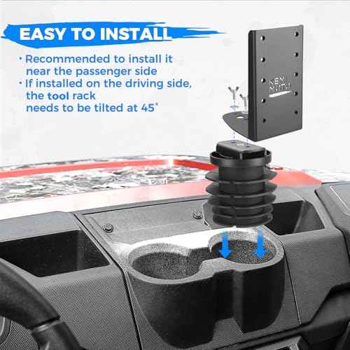 KEMIMOTO UTV Hunting Tool Holder Rack, Tool Holder Compatible with Polaris Ranger and General, Mount on The Dash Cup Holder or Cargo Bed, Shovel Mount Bow Rack