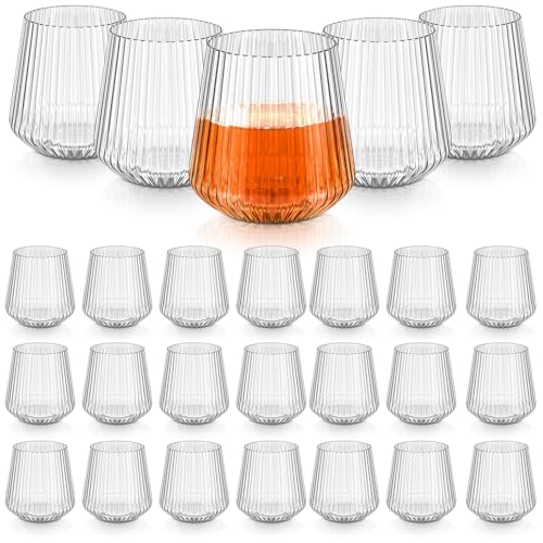 Denylo pro 25 Pcs 14 OZ Plastic Ribbed Wine Glasses Disposable Clear Wine Glasses Recyclable Shatterproof Reusable Plastic...