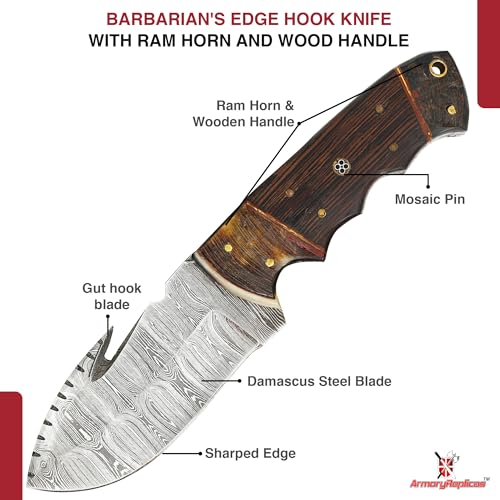 Armory Replicas Barbarian's Edge Hook Knife with Ram Horn and Wooden Handle - Premium Hunting, Skinning, and Outdoor Survi...