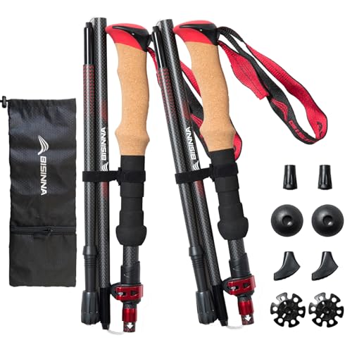 BISINNA Carbon Fiber Trekking Poles Collapsible Hiking Poles Lightweight Walking Sticks with Cork Handle Quick Lock for Wo...