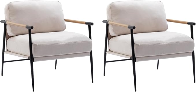 HEAH-YO Modern Accent Chairs Set of 2, Upholstered Living Room Chairs with Backrest and Metal Legs, Comfy Armchairs Side Chairs for Bedroom, Beige