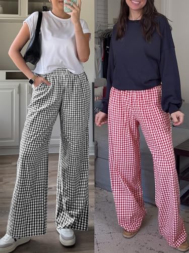 ANRABESS Womens Striped Gingham Palazzo Pants Wide Leg High Waisted Lounge Pajama Pants Cute Casual Trousers with Pockets