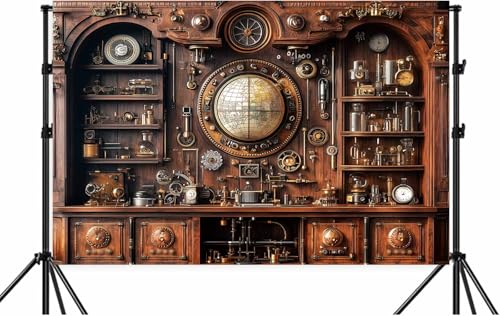 Antique Vintage Steampunk Backdrop, Abstract Industrial Old Metal Gear Clock Photography Background, Retro Steam Punk Mech...