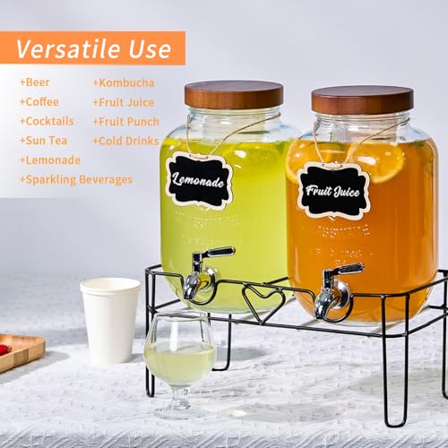 ShoreHao 2 Pack1Gallon Glass Drink Dispensers with Stand&Bamboo Lids&Fruit Infuser,304 Stainless Steel Leak-Proof Spigot,B...