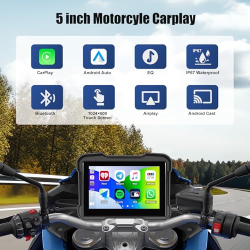Motorcycle GPS Navigation System with Wireless Carplay Android Auto 5" Moto CarPlay Screen with Dual Bluetooth, Navigatio...