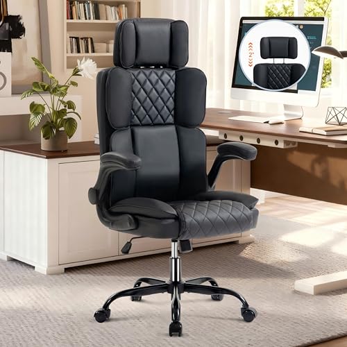 Leather Office Chair with Adjustable Headrest, Executive Home Office Desk Chairs with Ergonomic Back Support, Padded Flip-...