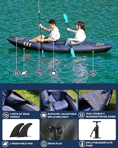 Inflatable Kayak 2 Person, Tandem Kayak, Foldable Kayaks for Adults, with Kayak Fin, 2 Aluminum Paddles, 2 Padded Seats, H...