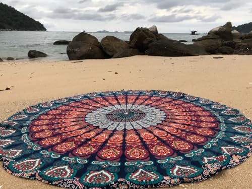 raajsee Blue Orange Mandala Round Beach Tapestry Hippie/Boho Mandala Beach Blanket Roundie/Indian Cotton Throw Bohemian Ro...