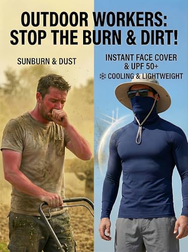 3 Pack Men's Sun Protection Shirts with Built-in Face Mask, UPF 50+ Long Sleeve Fishing Running Work Outdoor Cooling Tee