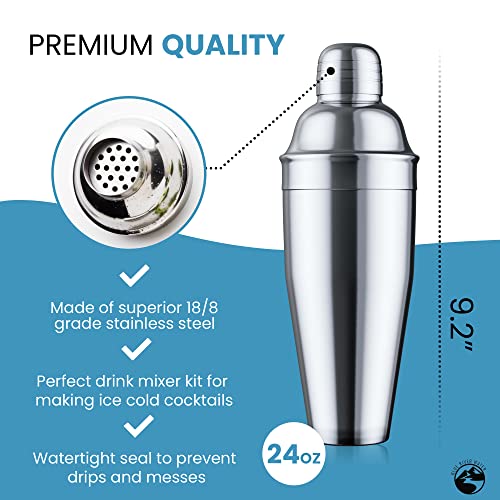 Blue River Water 24oz Cocktail Shaker Set - Martini Shaker w Built-in Drink Shaker Strainer, Muddler, Jigger, Mixing Spoo...