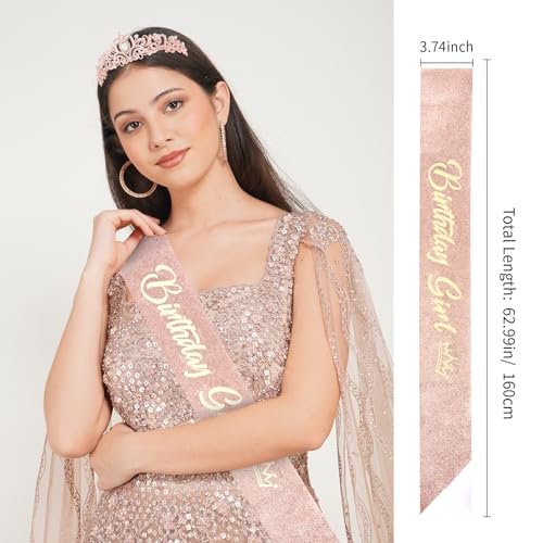 CIEHER Birthday Girl Crown and Sash - Rose Gold Tiara Birthday Decorations for Women and Girls