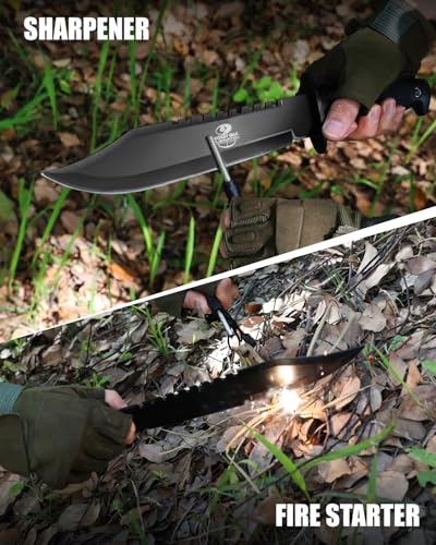 Mossy Oak Survival Hunting Knife with Sheath, 15-inch Fixed Blade Tactical Bowie Knife with Sharpener & Fire Starter for C...