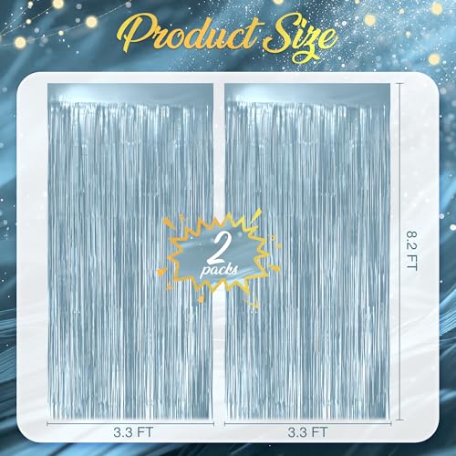 2 Pack Metallic Light Blue Fringe Backdrop, 3.2x8.2ft Shining Foil Tinsel Curtains, Birthday Party Decorations Door Stream...