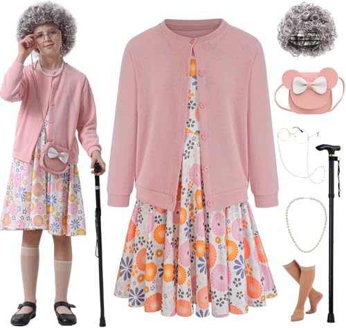 Z-Shop 100 Days of School Old Lady Costume for Kids 100th Grandma Granny Dress up for Girls
