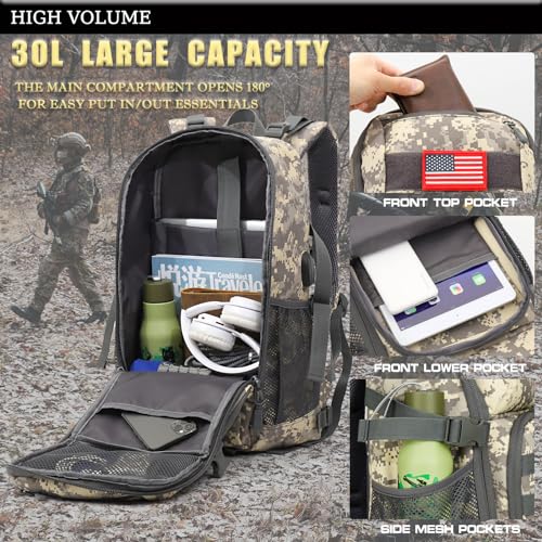 outdoor plus Camo Backpack,Military Boys Backpacks for School,Army Bookbag with USB Charging Port Waterproof,30l ACU Digital
