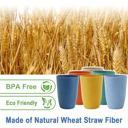 BUSOKIP Wheat Straw Cups 16 OZ, Plastic Drinking Glasses, Drinking Cup, Unbreakable Kitchen Cups Sets of 6, Microwave & Di...