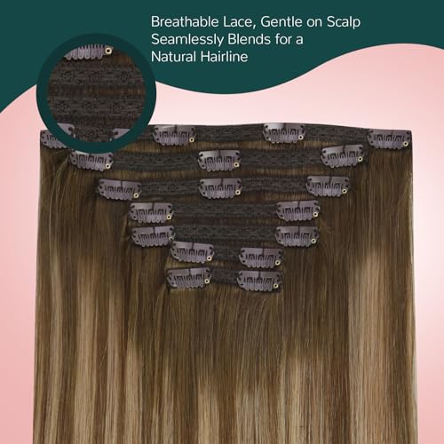 Easyouth Clip in Hair Extensions Balayage Thick Human Hair Clip in Extensions Dark Brown Fading to Caramel Blonde Mix Brown Clips in Extensions Real Human Hair Ease of Use 20 Inch 7Pcs 120G