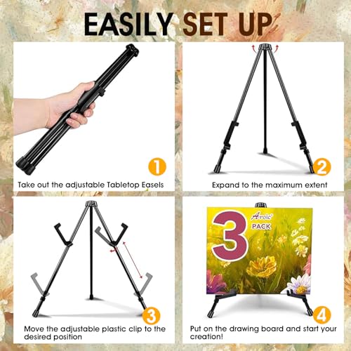 AROIC 3 Pack 14'' Tabletop Easels, Black Steel Table Top Easels for Display, Adjustable Portable Table Top Easel for Paint...