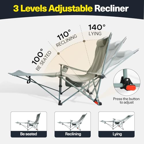 ARURU 2-in-1 Reclining Camping Chair, Portable Folding Beach Lounge Chair with Footrest & Adjustable Backrest, Comfortable...