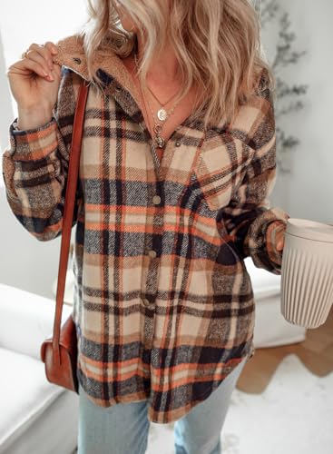 Dokotoo Women's Flannel Hooded Plaid 2025 Shacket Thick Coat Winter Coat for Warmth Button down Warm and Fuzzy Fleece Jacket