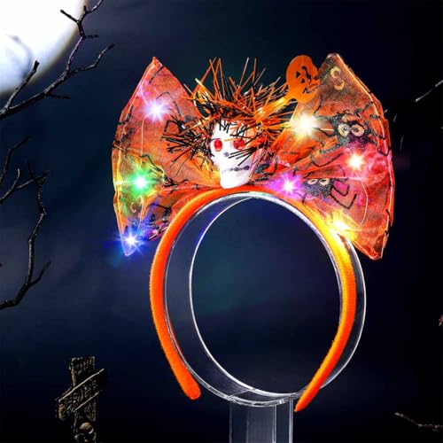 Sinalty Light up Halloween Bow Headbands LED Ghost Head Hairband Glowing Cosplay Hair Accessories for Women